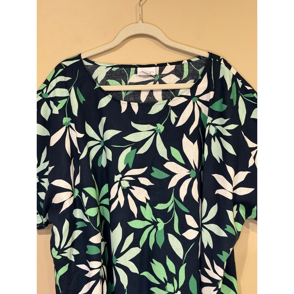 Lane Bryant Navy Green Floral Linen Blend Top 18/20 Short Sleeve Boxy Blouse - Picture 3 of 5